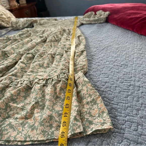 Polagram Dress Floral Green Maxi Smocked Bodice Three Tiered RuffleS Size M - Picture 14 of 15